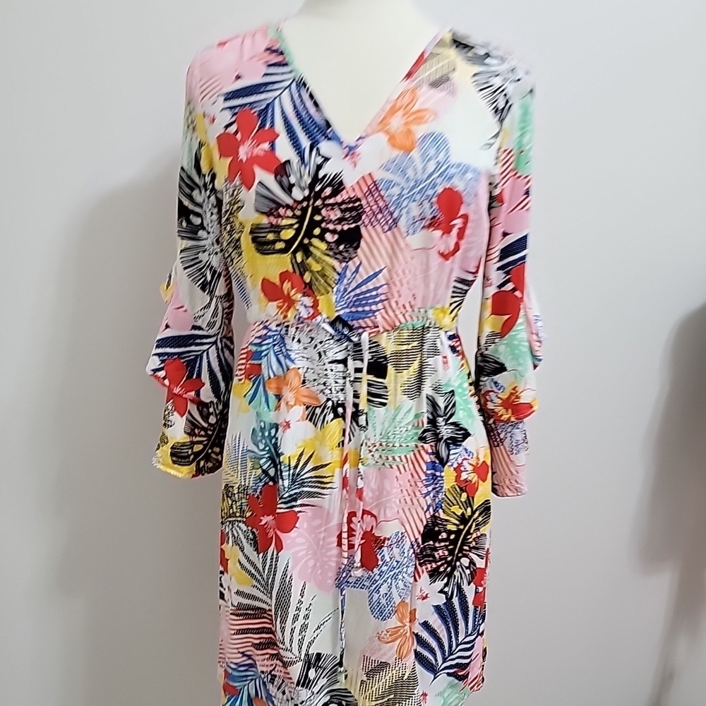 Caribbean Joe UPF 50+ V-Neck Tropical Hibiscus Shift Dresses Size M EUC